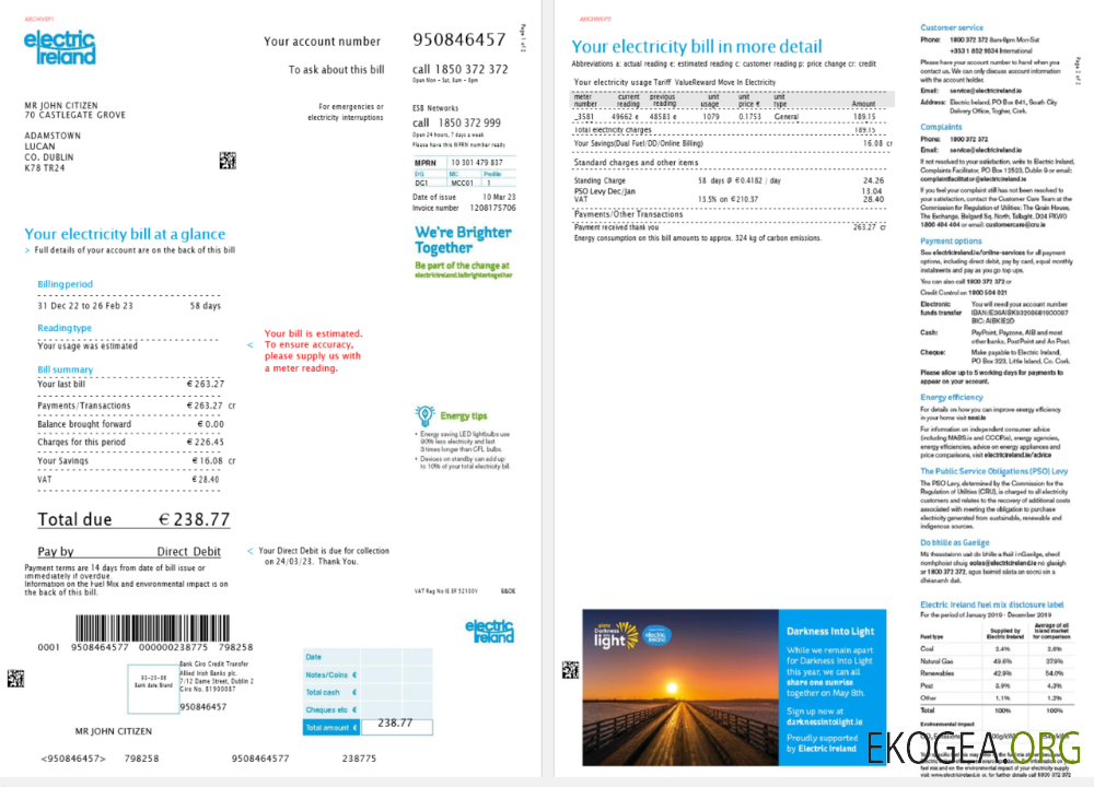 Ireland Electric Ireland utility bill template in Word and PDF format, version 2, 2 pages